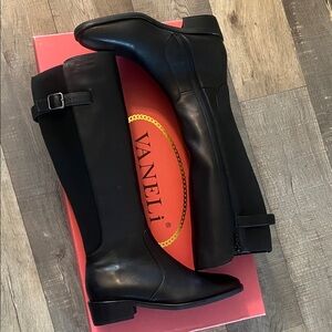 Vaneli Black Knee-High Leather Riding Boots with Buckle